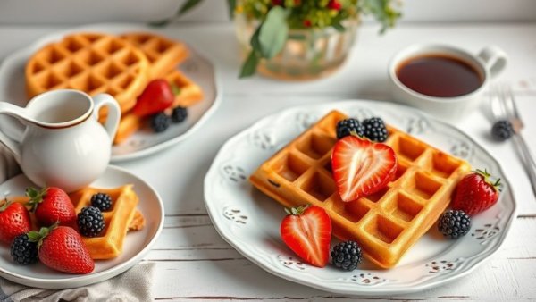 High Protein Waffles Recipe with fresh berries and coffee on a rustic tray.