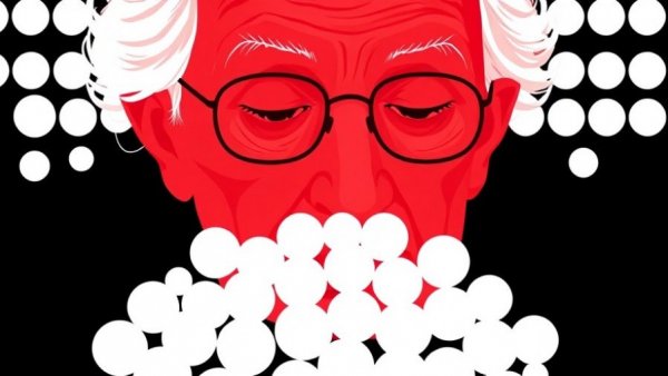 Abstract art highlighting dangers of groupthink in health policy with red elder face.