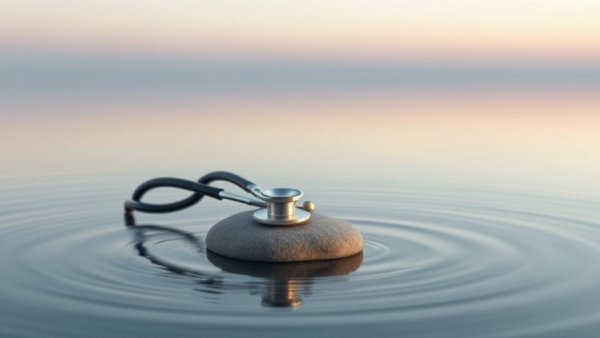 Stethoscope on stone in water symbolizes healthcare worker burnout.