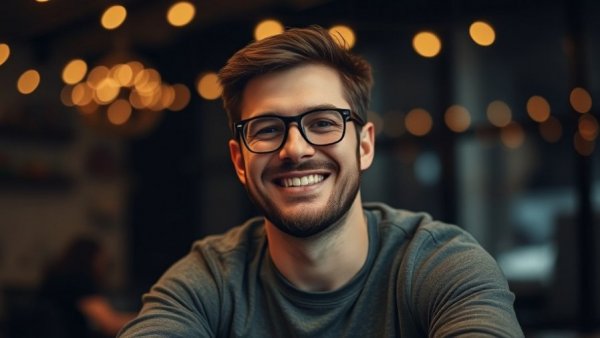 Casual man smiling indoors, cinematic lighting.