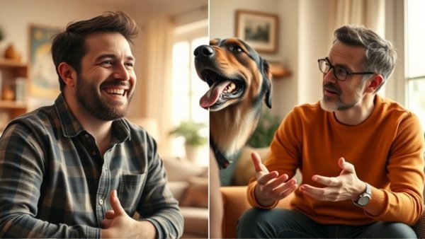 Dog ownership cost collage with smiling man and dog in cozy home.