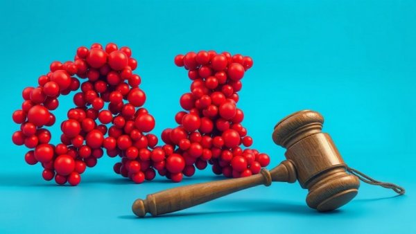 AI accountability in healthcare visualized by red spheres forming AI text with a gavel.