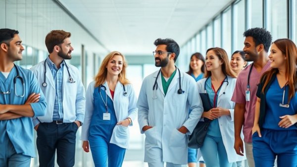 International medical graduates in the UK conversing in hospital corridor.