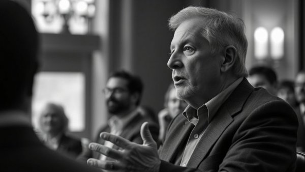 Older man speaking passionately in a public setting, black and white.