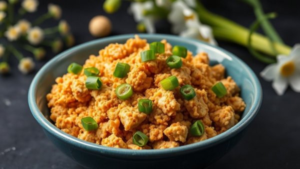 Ginger Tempeh Crumble served in a blue bowl with rice and green onions.