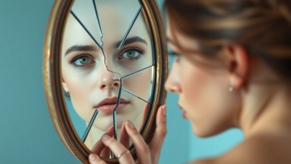 Woman looking at fragmented reflection in mirror, mental health inequalities.