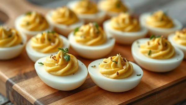 Delicious deviled eggs on wooden board, Low-FODMAP diet friendly.