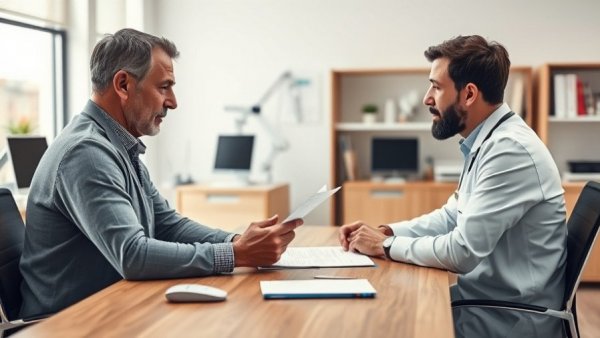 Doctor explaining report in modern office focusing on whole person care innovations.