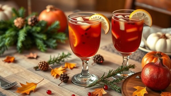 Spiced Pear and Pomegranate Sangria elegantly displayed with evergreen garnishes.