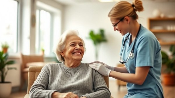 Elderly woman receiving home hospital care from a nurse, warm home setting.