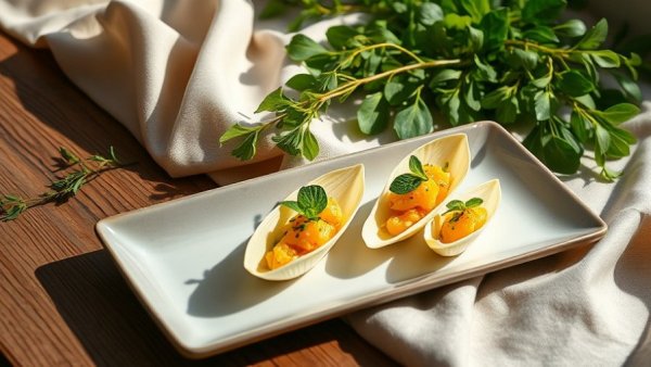Elegant Mandarin and Mint Waldorf Endive Boats on ceramic plate with greenery.