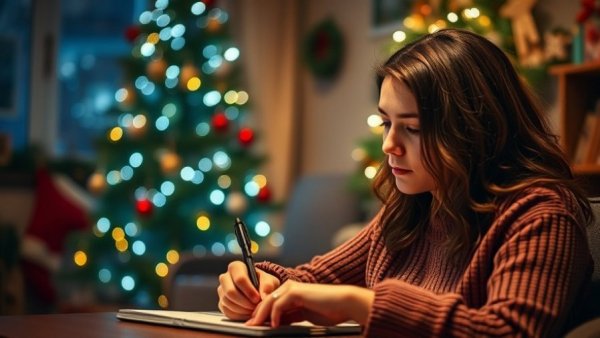 Woman writing New Year's resolutions by Christmas tree, festive setting.