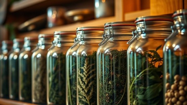 Glass jars with dried herbs, highlighting cold-weather health and wellness