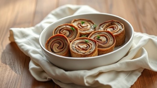 Mushroom stuffed steak pinwheels in an elegant setting.
