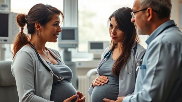 Pregnant woman discussing failings in maternity care with doctor in clinic.