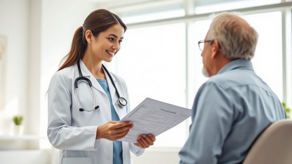 Doctor discussing Sacituzumab's effectiveness in breast cancer treatment with patient.