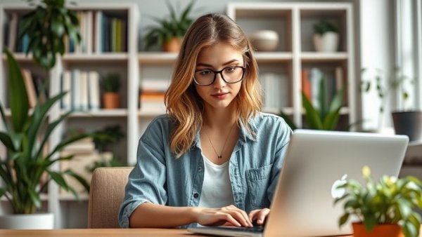 Young woman focusing on laptop in cozy office, applying 5-minute rule for procrastination.
