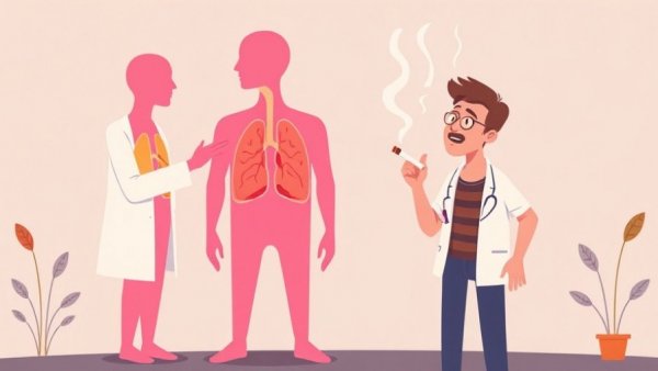 Cartoon showing GP role in tobacco control via lung health illustration.