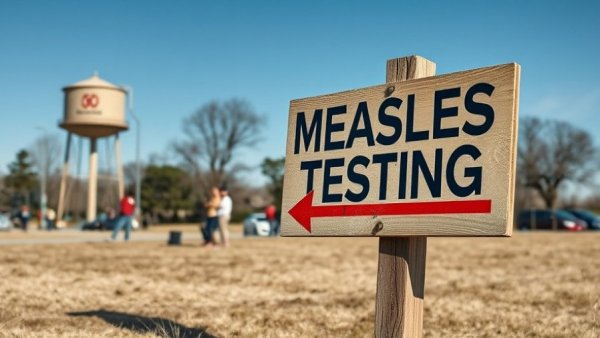 Sign directing to measles testing amid park, daylight scene.