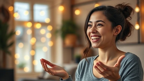 Enthusiastic woman discussing fitness hot takes indoors.