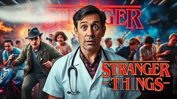 Doctor reacts to Stranger Things characters in dynamic poster.