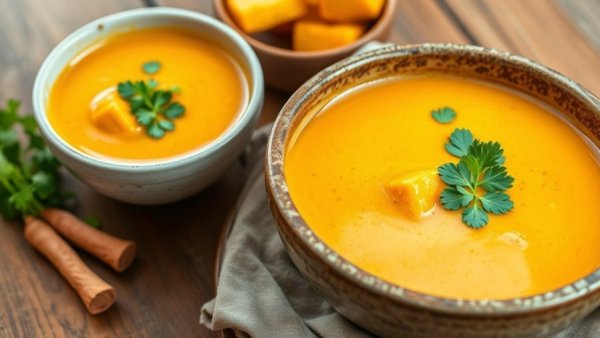 Rustic turmeric chicken soup with herbs in bowls