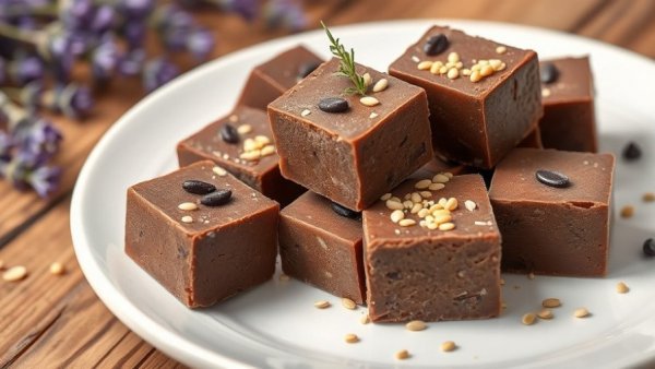 Delicious chocolate lavender tahini fudge on a white dish.