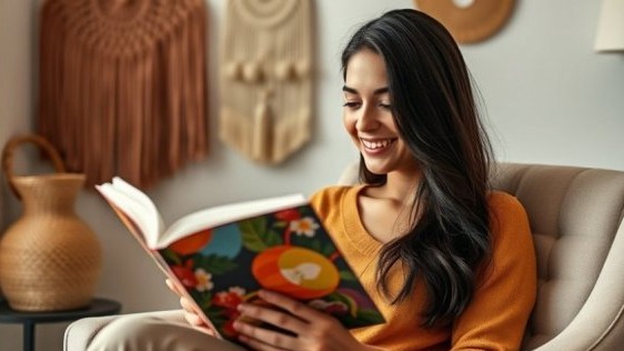 Relaxed woman reading in cozy chair, related to best fitness routines for professionals.