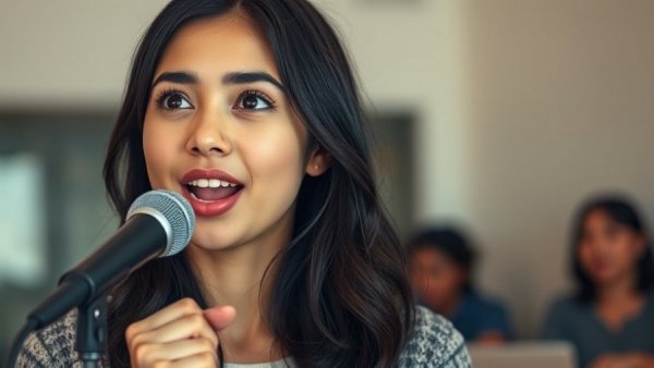 Engaging young woman discussing if water is a chemical, indoor setting.