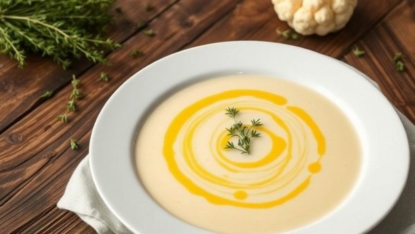 Elegant cauliflower bisque with lemon thyme oil on wooden table.