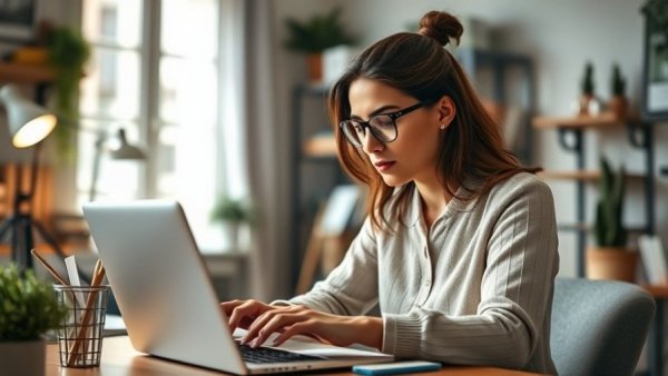 Focused woman in home office working efficiently, representing habits of women who have their life together.