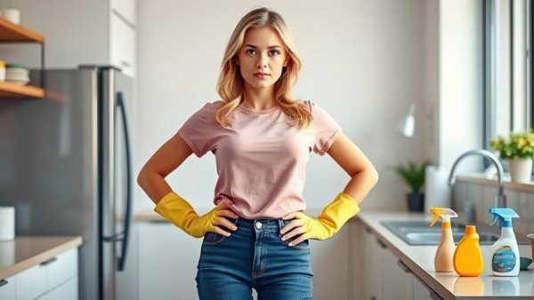 Blonde woman preparing for spring cleaning in modern kitchen.