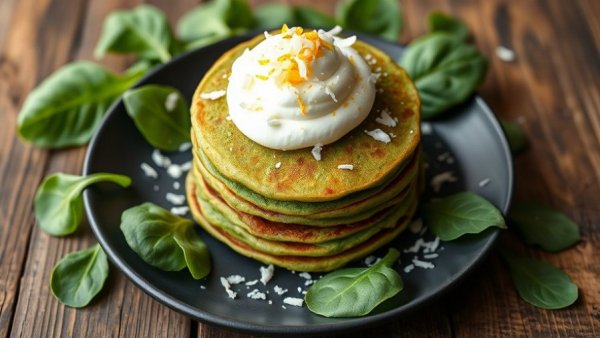 Tasty Glow-Up Green Pancakes with coconut cream topping.