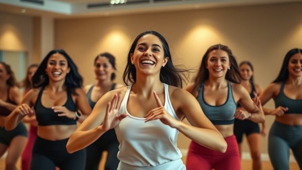Women perform a 30-minute cardio and strength workout in a studio.