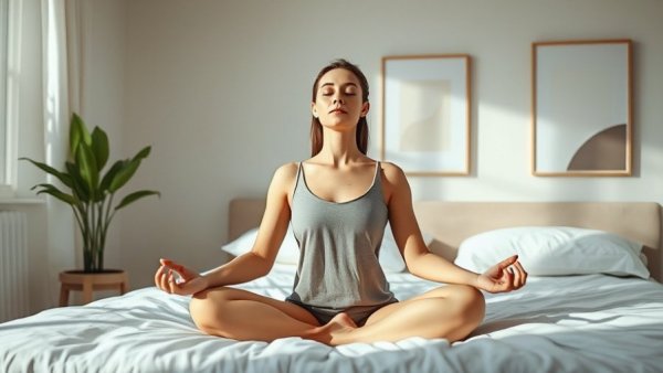 Woman meditating on bed in serene room, promoting self-love through yoga practice.