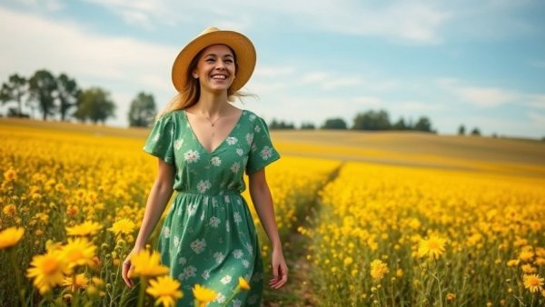 Woman enjoying spring bucket list activities in a wildflower field.