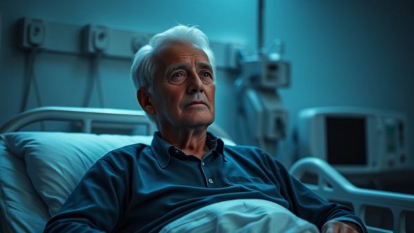 Hospitalization risk for housing-insecure veterans highlighted by a solemn elderly man in a hospital.