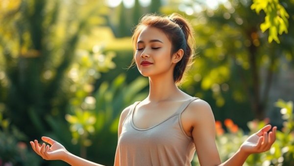 Woman practicing mindfulness in a sunlit garden, how to get out of a winter funk.