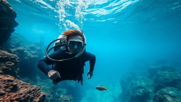 Experienced diver exploring clear waters, capturing the healing power of diving.