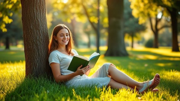 Woman outdoors reading at sunset, embodying outdoor self-care ideas.