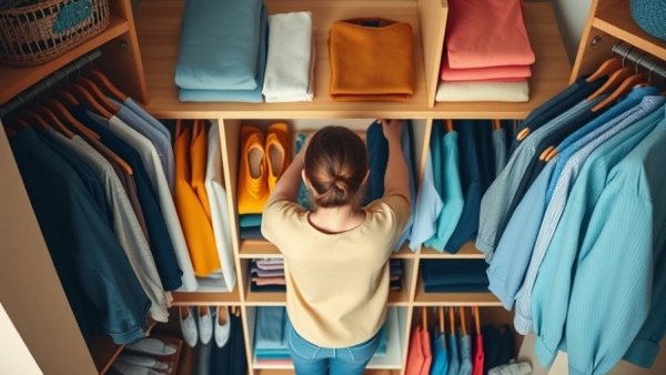 Neatly organized spring capsule wardrobe, top view.