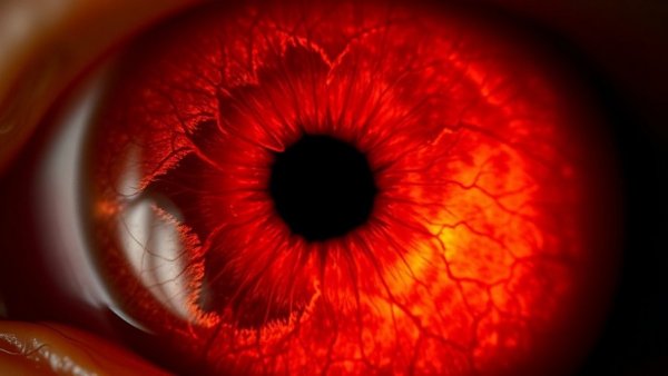 Close-up of retina showing geographic atrophy with red-orange hues.