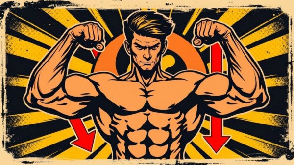 Vintage illustration of muscular male flexing with arrows and symbol, Testosterone Treatment Trends