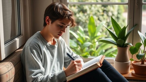 Reflective young person writing in a journal by a window, how to reset your goals for spring.