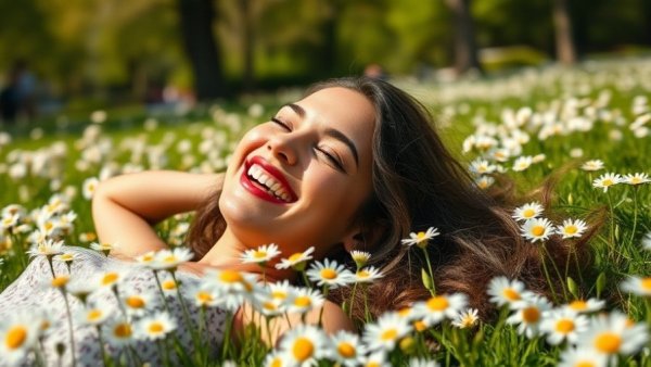 Joyful woman relaxing in daisy field, embracing a health lifestyle outdoors.