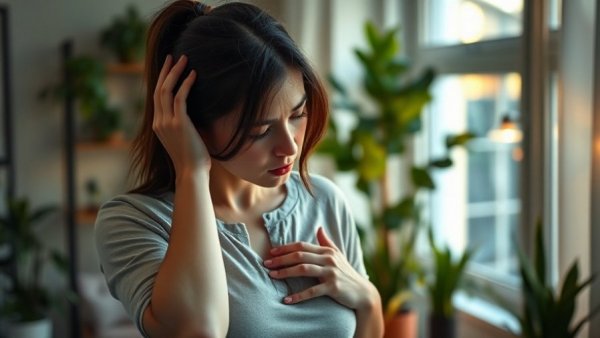 Concerned woman indoors, illustrating CGRP inhibitors cardiovascular risk.