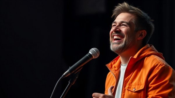 Smiling man in orange jacket speaking into a microphone.