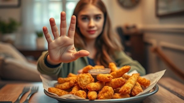 Woman avoiding unhealthy foods like fries and fried chicken indoors.