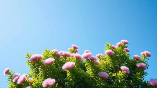 Albizzia tree with pink blooms thriving under clear blue sky.