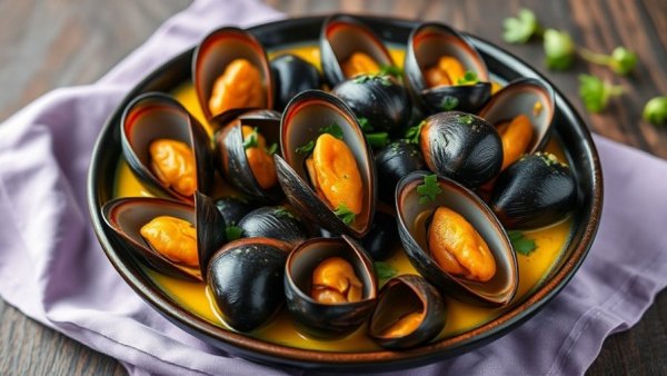 Health benefits of mussels shown in a photorealistic dish with herbs.